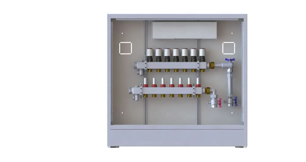 Danfoss Verteilerschrank mit mehreren Ventilen und Anschlüssen für die Heizungsinstallation, auf einer grauen Rückwand montiert.
